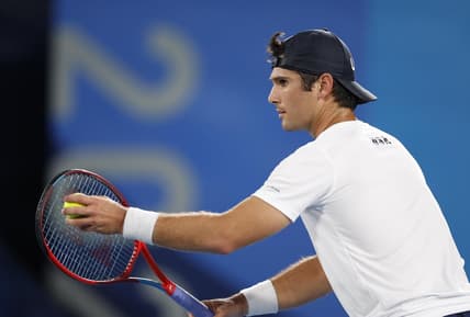 Jul 27, 2021; Tokyo, Japan;  Marcos Giron (USA) in his match against Kei Nishikori (JPN) during the Tokyo 2020 Olympic Summer Games at Ariake Tennis Park. Mandatory Credit: Yukihito Taguchi-USA TODAY Sports