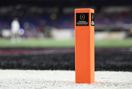 Jan 10, 2022; Indianapolis, IN, USA; A general view of the end zone pylon before the 2022 CFP college football national championship game between Georgia and Alabama at Lucas Oil Stadium. Mandatory Credit: Marc Lebryk-USA TODAY Sports