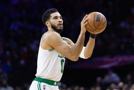Feb 15, 2022; Philadelphia, Pennsylvania, USA; Boston Celtics forward Jayson Tatum (0) shoots the ball against the Philadelphia 76ers during the third quarter at Wells Fargo Center. Mandatory Credit: Bill Streicher-USA TODAY Sports