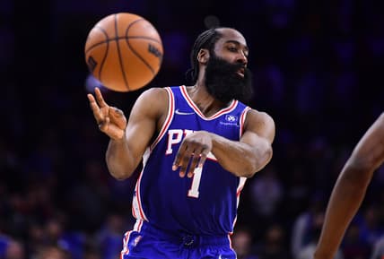 Mar 20, 2022; Philadelphia, Pennsylvania, USA; Philadelphia 76ers guard James Harden (1) passes the ball in the fourth quarter against the Toronto Raptors at Wells Fargo Center. Mandatory Credit: Kyle Ross-USA TODAY Sports