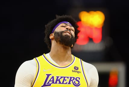 Apr 5, 2022; Phoenix, Arizona, USA; Los Angeles Lakers forward Anthony Davis reacts against the Phoenix Suns at Footprint Center. Mandatory Credit: Mark J. Rebilas-USA TODAY Sports