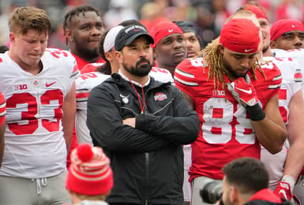 Ohio State Buckeyes head coach Ryan Day and players stand at midfield for a tribute to Dwayne Haskins during the spring football game at Ohio Stadium in Columbus on April 16, 2022.

Ncaa Football Ohio State Spring Game