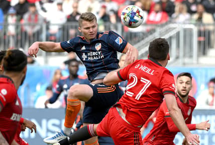 Apr 30, 2022; Toronto, Ontario, CAN;  FC Cincinnati midfielder Alvaro Barriel plays a header against Toronto FC in the second half at BMO Field. Mandatory Credit: Dan Hamilton-USA TODAY Sports