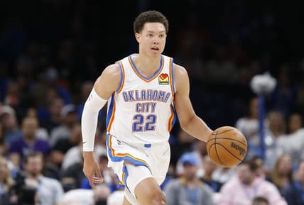 Apr 5, 2022; Oklahoma City, Oklahoma, USA; Oklahoma City Thunder forward Isaiah Roby (22) dribbles the ball down the court against the Portland Trail Blazers during the second half at Paycom Center. Oklahoma City won 98-94. Mandatory Credit: Alonzo Adams-USA TODAY Sports