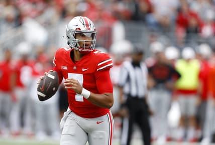 Oct 1, 2022; Columbus, Ohio, USA;  Ohio State Buckeyes quarterback C.J. Stroud (7) looks to throw during the first quarter against the Rutgers Scarlet Knights at Ohio Stadium. Mandatory Credit: Joseph Maiorana-USA TODAY Sports