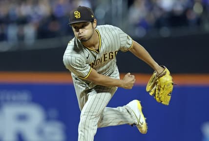 Oct 7, 2022; New York City, New York, USA; San Diego Padres starting pitcher Yu Darvish (11) throws a pitch in the first inning during game one of the Wild Card series against the New York Mets for the 2022 MLB Playoffs at Citi Field. Mandatory Credit: Brad Penner-USA TODAY Sports