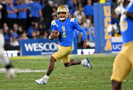Oct 29, 2022; Pasadena, California, USA;  UCLA Bruins quarterback Dorian Thompson-Robinson (1) runs against the Stanford Cardina in the first half at the Rose Bowl. Mandatory Credit: Jayne Kamin-Oncea-USA TODAY Sports