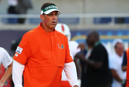 Aug 24, 2019; Orlando, FL, USA; Miami Hurricanes offensive coordinator Dan Enos prior to the game at Camping World Stadium. Mandatory Credit: Kim Klement-USA TODAY Sports