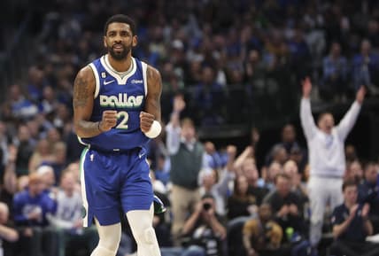 Feb 13, 2023; Dallas, Texas, USA;  Dallas Mavericks guard Kyrie Irving (2) reacts during the game against the Minnesota Timberwolves at American Airlines Center. Mandatory Credit: Kevin Jairaj-USA TODAY Sports