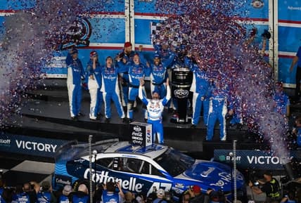 Feb 19, 2023; Daytona Beach, Florida, USA; NASCAR Cup Series driver Ricky Stenhouse Jr celebrates after winning the Daytona 500 at Daytona International Speedway. Mandatory Credit: Mark J. Rebilas-USA TODAY Sports