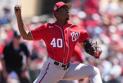 Mar 21, 2023; Jupiter, Florida, USA; Washington Nationals starting pitcher Josiah Gray (40) pitches against the St. Louis Cardinals in the third inning at Roger Dean Stadium. Mandatory Credit: Jim Rassol-USA TODAY Sports