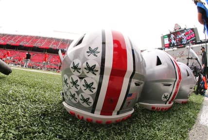 Sep 10, 2022; Columbus, Ohio, USA;  Ohio State Buckeyes helmets before the game against the Arkansas State Red Wolves at Ohio Stadium. Mandatory Credit: Joseph Maiorana-USA TODAY Sports