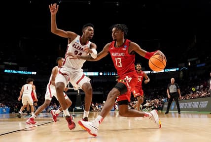 Mar 18, 2023; Birmingham, AL, USA; Maryland Terrapins guard Hakim Hart (13) dribbles against Alabama Crimson Tide forward Brandon Miller (24) during the second half at Legacy Arena. Mandatory Credit: Marvin Gentry-USA TODAY Sports