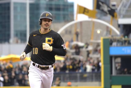 Apr 7, 2023; Pittsburgh, Pennsylvania, USA;  Pittsburgh Pirates left fielder Bryan Reynolds (10) circles the bases on a three-run home run against the Chicago White Sox during the fourth inning at PNC Park. Mandatory Credit: Charles LeClaire-USA TODAY Sports