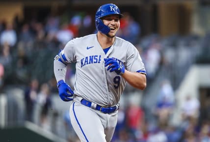 Apr 12, 2023; Arlington, Texas, USA;  Kansas City Royals first baseman Vinnie Pasquantino (9) reacts after hitting a home run during the third inning against the Texas Rangers  at Globe Life Field. Mandatory Credit: Kevin Jairaj-USA TODAY Sports