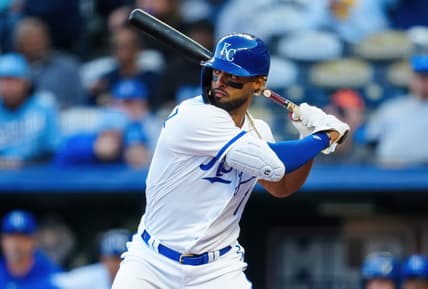 Apr 5, 2023; Kansas City, Missouri, USA; Kansas City Royals catcher MJ Melendez (1) bats during the first inning against the Toronto Blue Jays at Kauffman Stadium. Mandatory Credit: Jay Biggerstaff-USA TODAY Sports