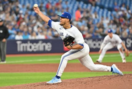 Apr 14, 2023; Toronto, Ontario, CAN;   Toronto Blue Jays starting pitcher Jose Berrios (17) delivers a pitch against the Tampa Bay Rays in the second inning at Rogers Centre. Mandatory Credit: Dan Hamilton-USA TODAY Sports