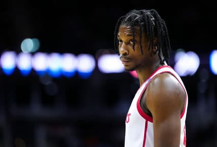 Mar 24, 2023; Kansas City, MO, USA; Houston Cougars guard Tramon Mark (12) reacts during the first half of an NCAA tournament Midwest Regional semifinal against the Miami (Fl) Hurricanes at T-Mobile Center. Mandatory Credit: Jay Biggerstaff-USA TODAY Sports