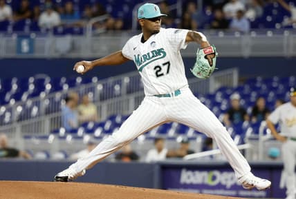 Jun 2, 2023; Miami, Florida, USA; Miami Marlins starting pitcher Edward Cabrera (27) pitches against the Oakland Athletics during the first inning at loanDepot Park. Mandatory Credit: Rhona Wise-USA TODAY Sports