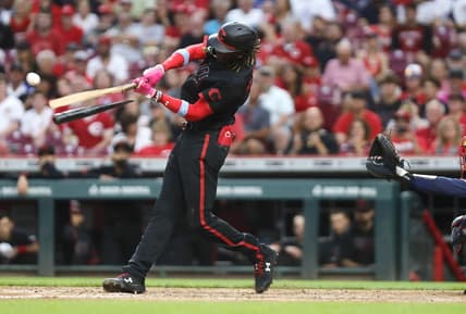 Jun 23, 2023; Cincinnati, Ohio, USA; Cincinnati Reds third baseman Elly De La Cruz (44) breaks his bat hitting a two-run single against the Atlanta Braves during the fifth inning at Great American Ball Park. Mandatory Credit: David Kohl-USA TODAY Sports