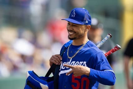 Mar 5, 2023; Phoenix, Arizona, USA; Los Angeles Dodgers second baseman Mookie Betts against the Chicago White Sox during a spring training game at Camelback Ranch-Glendale. Mandatory Credit: Mark J. Rebilas-USA TODAY Sports