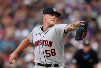 Jul 18, 2023; Denver, Colorado, USA; Houston Astros starting pitcher Hunter Brown (58) delivers a pitch in the fourth inning against the Colorado Rockies at Coors Field. Mandatory Credit: Ron Chenoy-USA TODAY Sports