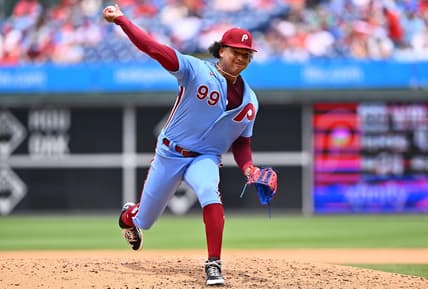 Jul 20, 2023; Philadelphia, Pennsylvania, USA; Philadelphia Phillies starting pitcher Taijuan Walker (99) throws a pitch against the Milwaukee Brewers in the fifth inning at Citizens Bank Park. Mandatory Credit: Kyle Ross-USA TODAY Sports