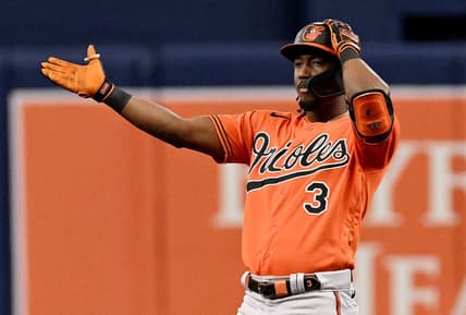 Jul 22, 2023; St. Petersburg, Florida, USA; Baltimore Orioles short stop Jorge Mateo (3) celebrates after hitting a two run double in the fourth inning against the Tampa Bay Rays at Tropicana Field. Mandatory Credit: Jonathan Dyer-USA TODAY Sports
