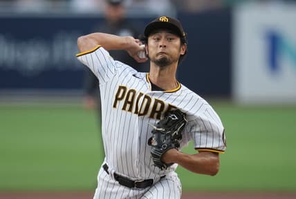 Jul 24, 2023; San Diego, California, USA;  San Diego Padres starting pitcher Yu Darvish (11) throws a pitch against the Pittsburgh Pirates during the first inning at Petco Park. Mandatory Credit: Ray Acevedo-USA TODAY Sports