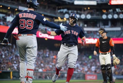 Jul 28, 2023; San Francisco, California, USA; Boston Red Sox center fielder Adam Duvall (right) gets a congratulatory handshake from teammate Alex Verdugo (99) as he scores on a double by Tristan Casas during the second inning against the San Francisco Giants at Oracle Park. Mandatory Credit: D. Ross Cameron-USA TODAY Sports