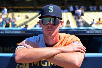 Jul 16, 2022; Los Angeles, CA, USA;  American League Futures relief pitcher Emerson Hancock (17) looks on from the dugout before the All Star-Futures Game at Dodger Stadium. Mandatory Credit: Jayne Kamin-Oncea-USA TODAY Sports