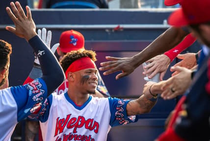 WORCESTER - Worcester   s Ceddanne Rafaela celebrates his lead-off home run against the Syracuse Mets Wednesday, July 5, 2023.