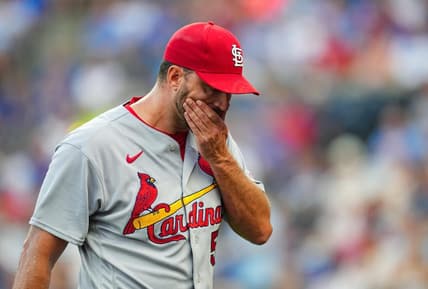 Aug 11, 2023; Kansas City, Missouri, USA; St. Louis Cardinals starting pitcher Adam Wainwright (50) leaves the game during the second inning against the Kansas City Royals at Kauffman Stadium. Mandatory Credit: Jay Biggerstaff-USA TODAY Sports