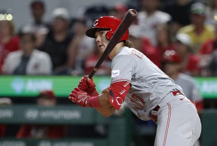 Aug 13, 2023; Pittsburgh, PA, USA; Cincinnati Reds pinch hitter Stuart Fairchild (17) hits an RBI double against the Pittsburgh Pirates during the eighth inning at PNC Park. Mandatory Credit: Charles LeClaire-USA TODAY Sports