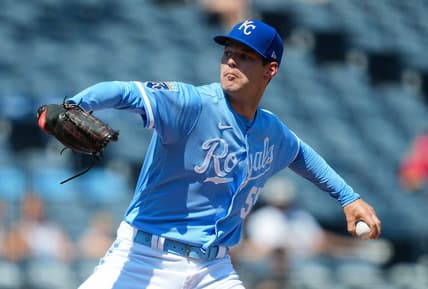 Sep 4, 2023; Kansas City, Missouri, USA; Kansas City Royals starting pitcher Cole Ragans (55) pitches during the first inning against the Chicago White Sox at Kauffman Stadium. Mandatory Credit: Jay Biggerstaff-USA TODAY Sports