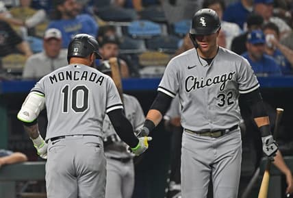 Sep 6, 2023; Kansas City, Missouri, USA;  Chicago White Sox third baseman Yoan Moncada (10) celebrates with first baseman Gavin Sheets (32) after hitting a solo home run in the sixth inning against the Kansas City Royals at Kauffman Stadium. Mandatory Credit: Peter Aiken-USA TODAY Sports