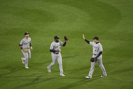 Sep 23, 2023; Boston, Massachusetts, USA;  Chicago White Sox center fielder Trayce Thompson (43) high fives center fielder Luis Robert Jr. (88) after defeating the Boston Red Sox at Fenway Park. Mandatory Credit: Bob DeChiara-USA TODAY Sports