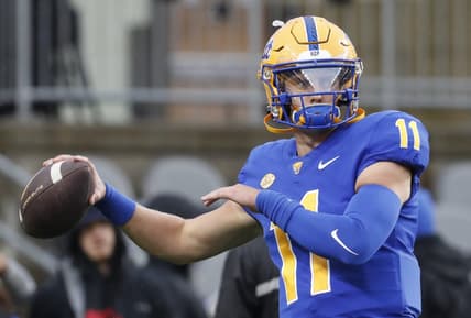 Oct 14, 2023; Pittsburgh, Pennsylvania, USA;  Pittsburgh Panthers quarterback Christian Veilleux (11) warms up before the game against the Louisville Cardinals at Acrisure Stadium. Mandatory Credit: Charles LeClaire-USA TODAY Sports