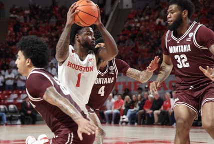 Nov 24, 2023; Houston, Texas, USA; Houston Cougars guard Jamal Shead (1) of Montana Grizzlies handles the ball in the second half at Fertitta Center. Mandatory Credit: Thomas Shea-USA TODAY Sports