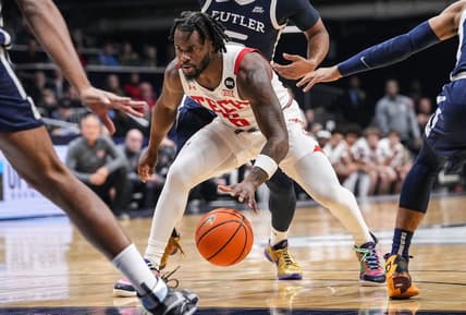 Texas Tech Red Raiders guard Joe Toussaint (6) moves up the court Thursday, Nov. 30, 2023, during the game against the Butler Bulldogs at Hinkle Fieldhouse in Indianapolis.