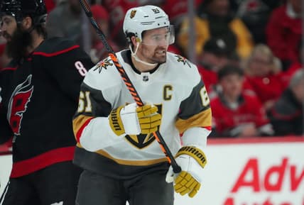 Dec 19, 2023; Raleigh, North Carolina, USA;  Vegas Golden Knights right wing Mark Stone (61) skates against the Carolina Hurricanes during the third period at PNC Arena. Mandatory Credit: James Guillory-USA TODAY Sports