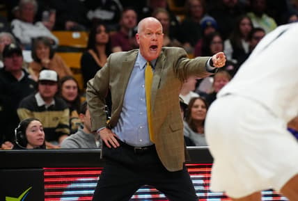Dec 29, 2023; Boulder, Colorado, USA; Colorado Buffaloes head coach Tad Boyle calls out in the first half against the Washington Huskies at the CU Events Center. Mandatory Credit: Ron Chenoy-USA TODAY Sports