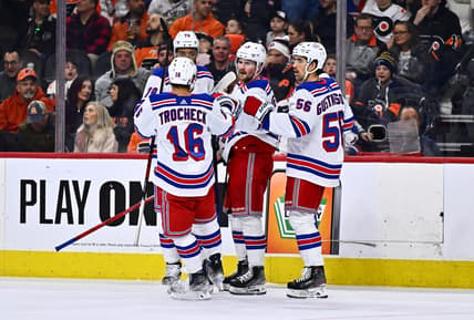 Feb 24, 2024; Philadelphia, Pennsylvania, USA; New York Rangers left wing Alexis Lafreniere (13) celebrates with teammates after scoring a goal against the Philadelphia Flyers in the second period at Wells Fargo Center. Mandatory Credit: Kyle Ross-USA TODAY Sports
