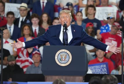 President Donald J. Trump speaks at a rally in the fieldhouse at Rockland Community College May 22, 2026.