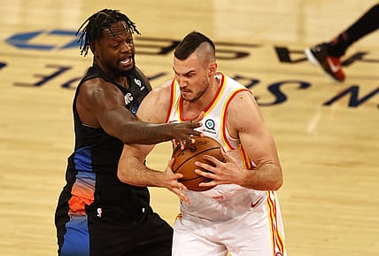 May 26, 2021; New York, New York, USA; Atlanta Hawks forward Danilo Gallinari (8) moves the ball against New York Knicks forward Julius Randle (30) during the first half at Madison Square Garden. Mandatory Credit:  Elsa/POOL PHOTOS-USA TODAY Sports