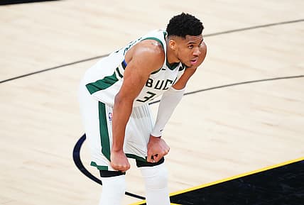 Jul 6, 2021; Phoenix, Arizona, USA; Milwaukee Bucks forward Giannis Antetokounmpo (34) reacts against the Phoenix Suns during the second half in game one of the 2021NBA Finals at Phoenix Suns Arena. Mandatory Credit: Mark J. Rebilas-USA TODAY Sports