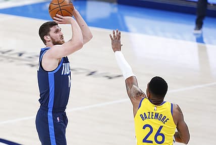 Apr 14, 2021; Oklahoma City, Oklahoma, USA; Oklahoma City Thunder guard Svi Mykhailiuk (14) shoots the ball as Golden State Warriors forward Kent Bazemore (26) defends during the first quarter at Chesapeake Energy Arena. Mandatory Credit: Alonzo Adams-USA TODAY Sports