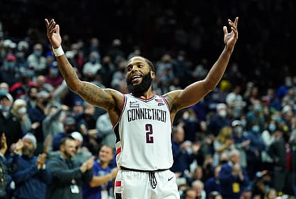 Feb 19, 2022; Storrs, Connecticut, USA; Connecticut Huskies guard R.J. Cole (2) react in the last seconds of the game against the Xavier Musketeers in the second half at Harry A. Gampel Pavilion. Mandatory Credit: David Butler II-USA TODAY Sports