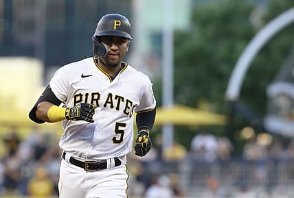 Jun 30, 2022; Pittsburgh, Pennsylvania, USA; Pittsburgh Pirates catcher Michael Perez (5) rounds the bases on a two-run home run against the Milwaukee Brewers during the fourth inning at PNC Park. Mandatory Credit: Charles LeClaire-USA TODAY Sports