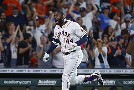Jul 4, 2022; Houston, Texas, USA; Houston Astros designated hitter Yordan Alvarez (44) rounds the bases after hitting a walk-off home run during the ninth inning against the Kansas City Royals at Minute Maid Park. Mandatory Credit: Troy Taormina-USA TODAY Sports